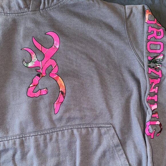 Browning | Grey Hoodie w Pink Camouflage Logo Women Medium Hunting - Picture 3 of 11